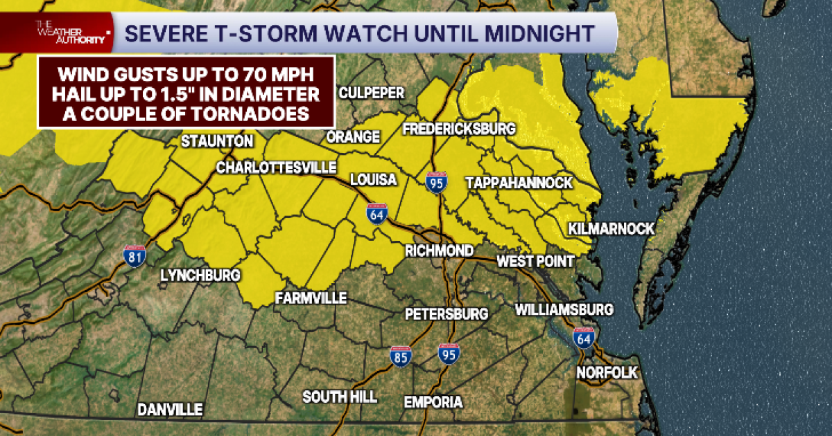 Parts of central Virginia under a Severe T-storm Watch until Midnight