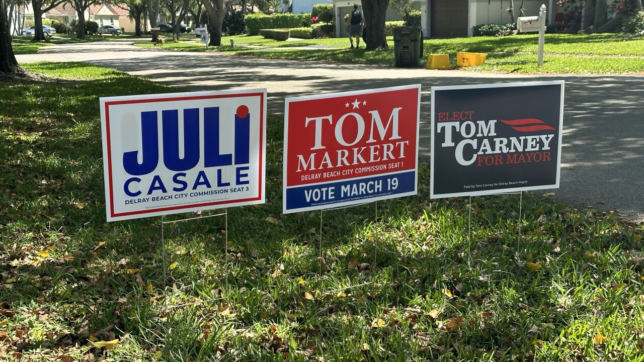 Signs for Juli Casale, Tom Markert and Tom Carney in Sabal Lakes neighborhood of Delray Beach, March 19, 2024
