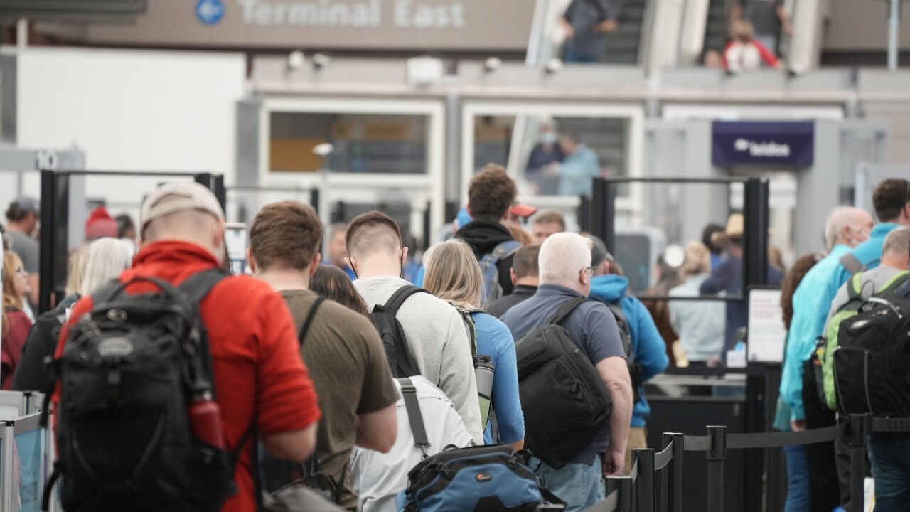 People stand in line at the airport.