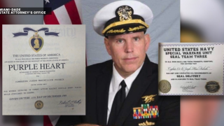 Picture of Fucheck in Navy uniform, fake Purple Heart certificate and fake Navy Seal certificate seized by investigators in 2020 Miami arrest