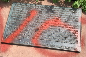 Placard about Sand Creek Massacre under Civill War statue at Colorado State Capitol 