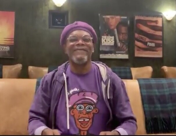 Samuel L. Jackson wearing a J.Pierce t-shirt on Jimmy Kimmel Live!