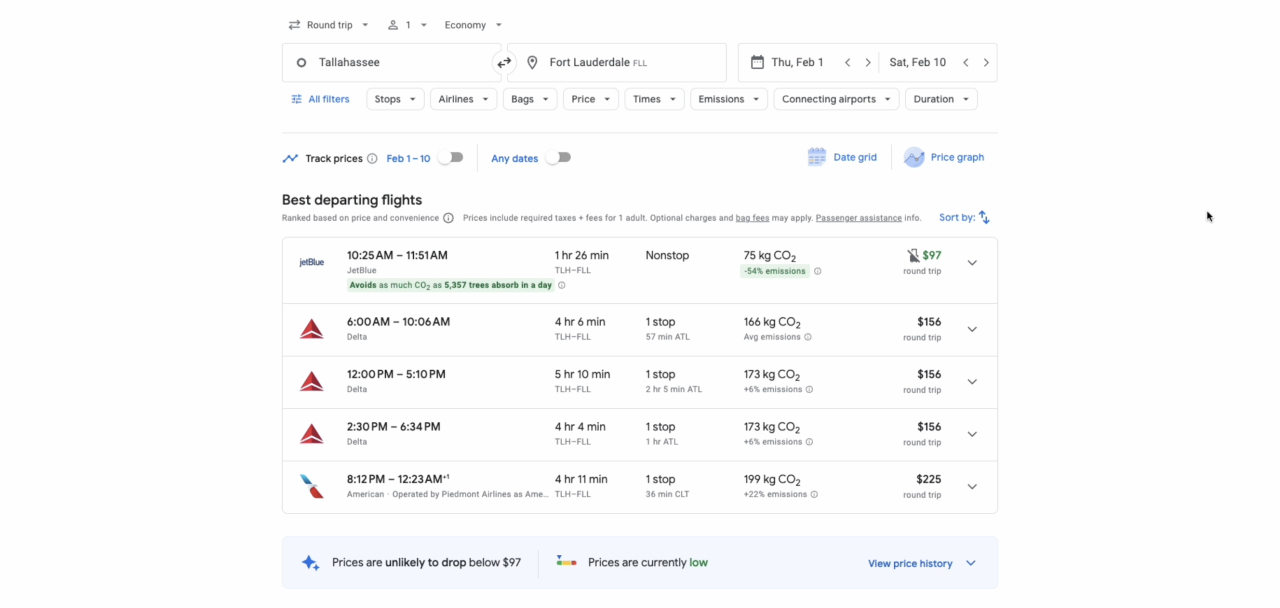 Screenshot of Google Flights Price Check