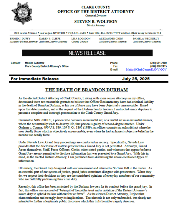 A statement fron DA Wolfson on Brandon Durham's death