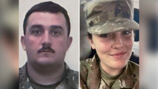 This combo from photos provided by the U.S. Attorney's Office on Thursday, Nov. 27, 2025, show National Guard members, from left, Staff Sgt. Andrew Wolfe and Specialist Sarah Beckstrom.