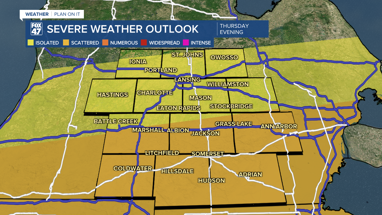 Slight risk for scattered severe thunderstorms exist Thursday evening along and south of the I-94 corridor