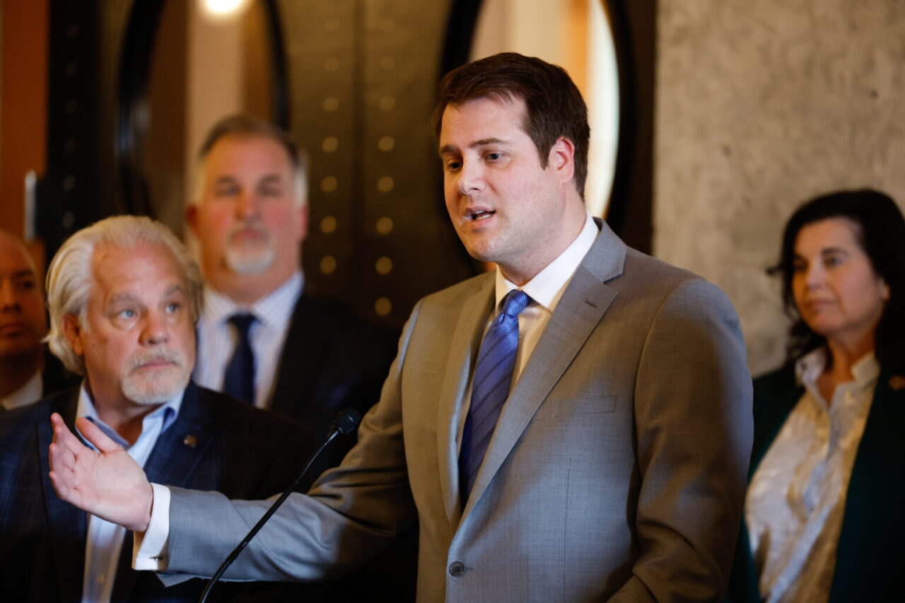 State Representatives Derek Merrin (R-Monclova) and Phil Plummer (R-Dayton) talk to the press about the Ohio House Republican Caucus