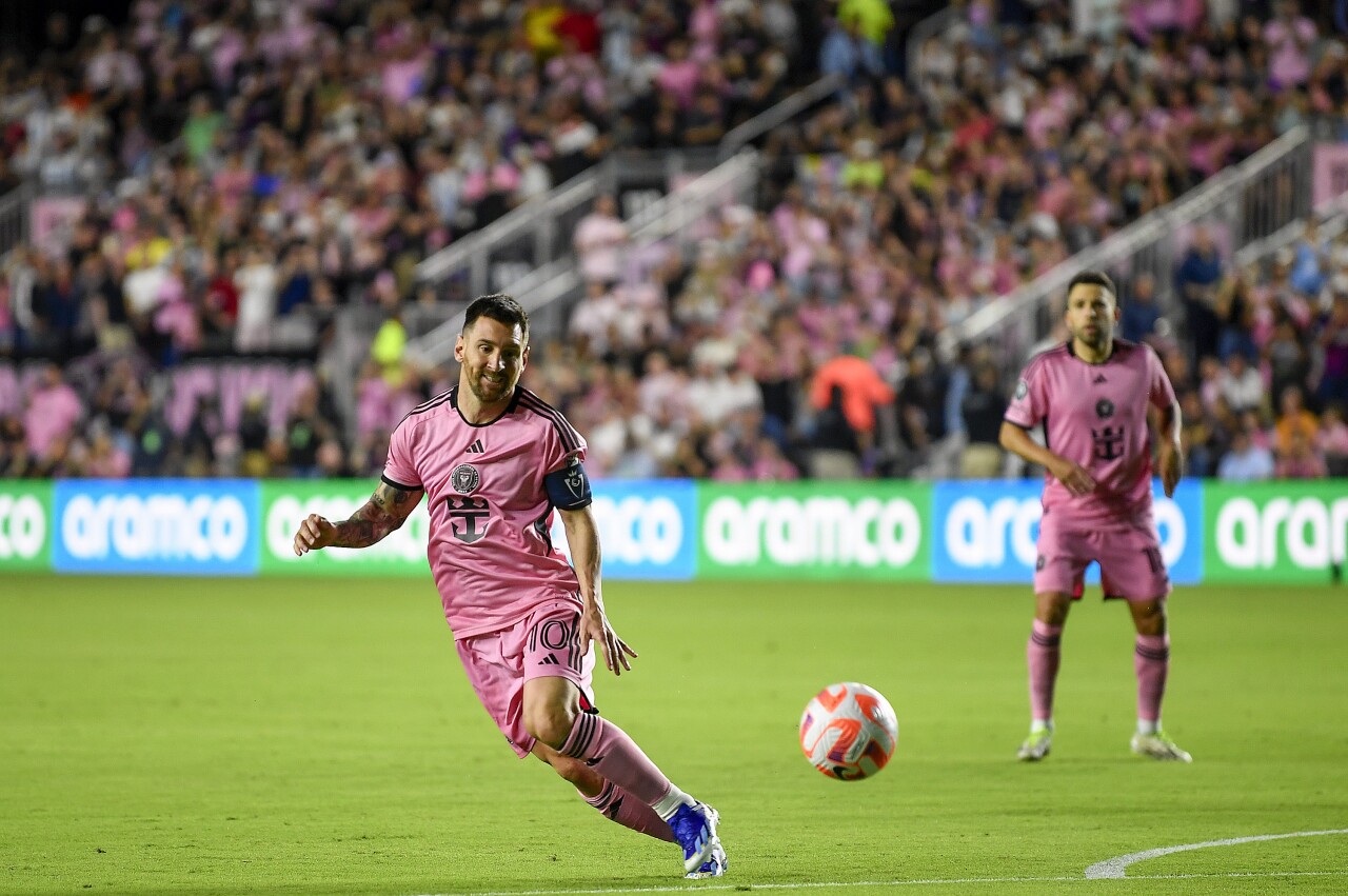 Inter Miami forward Lionel Messi chases ball after penalty kick during first half vs. Nashville SC, March 13, 2024