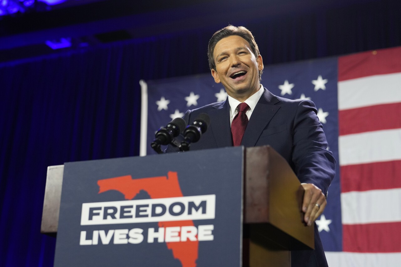 Gov. Ron DeSantis stands in front of 'Freedom Lives Here' podium after winning reelection, Nov. 8, 2022