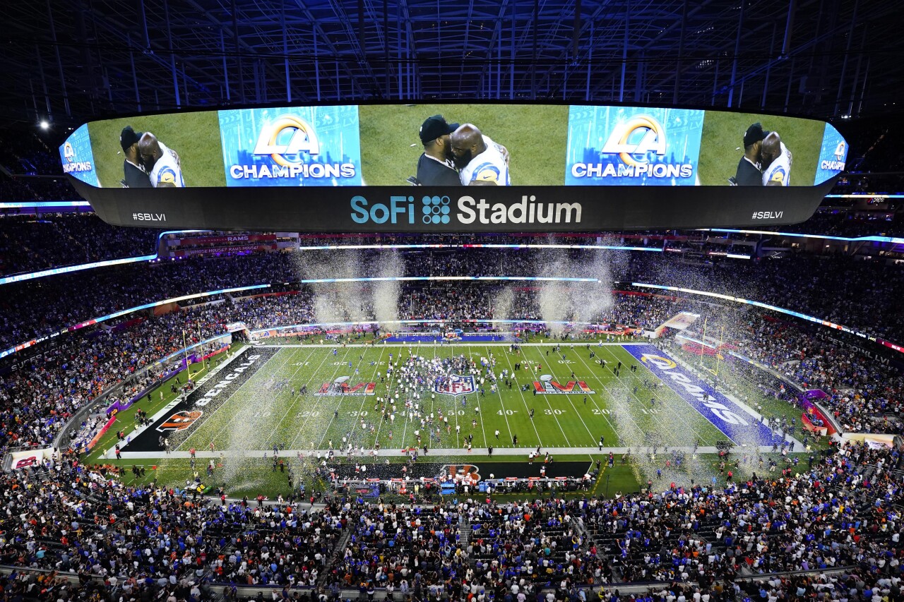 SoFi Stadium celebration after Los Angeles Rams defeat Cincinnati Bengals in Super Bowl LVI