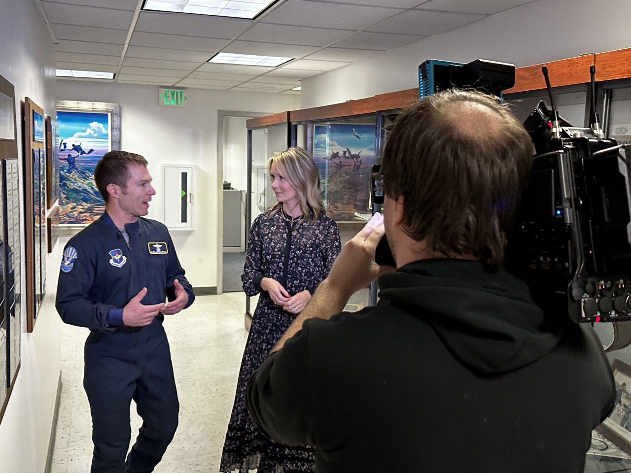 News5's Dianne Derby interviewing Wings of Blue Coach Air Force Lt. Col Jarrod Aranda