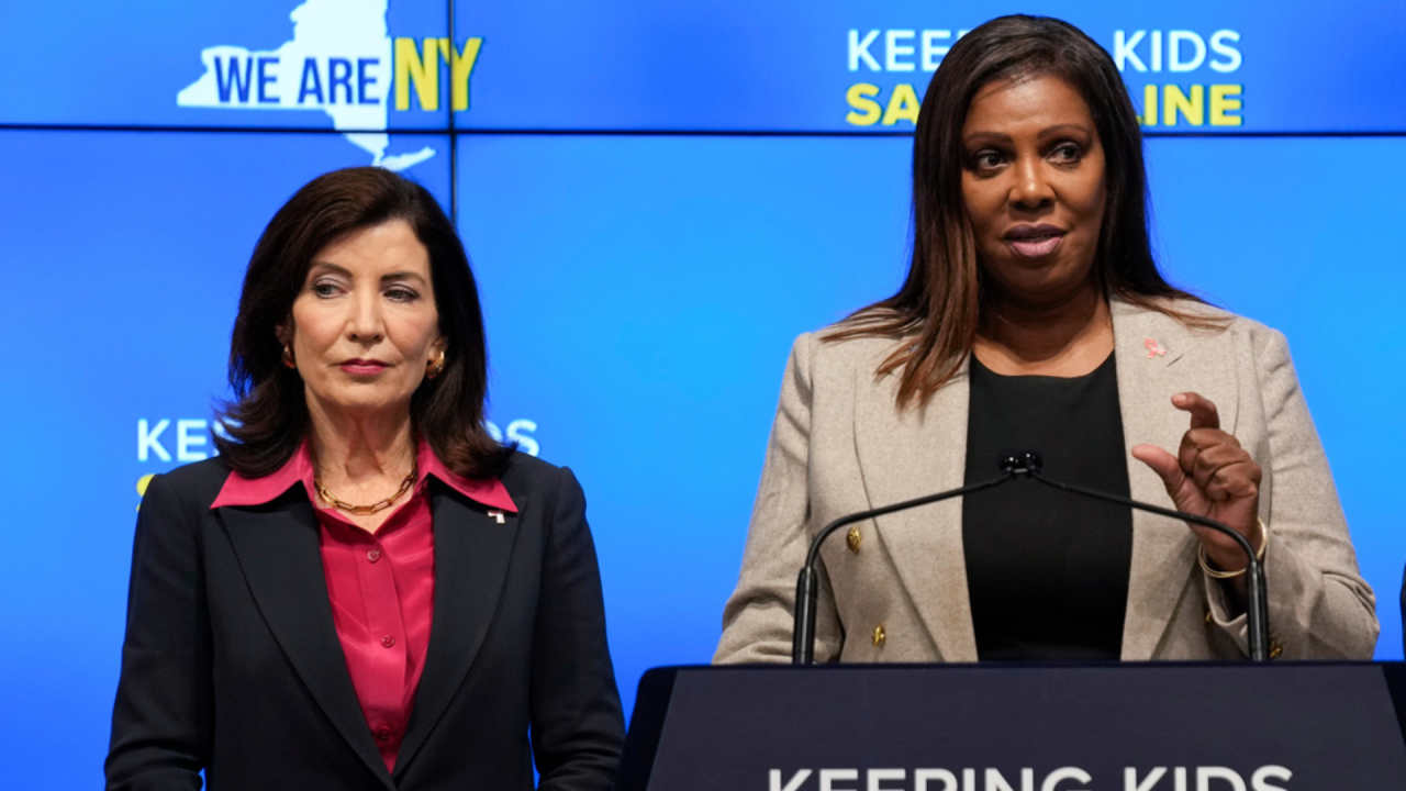  New York Gov. Kathy Hochul, left, listens as Attorney General Letitia James speaks during a news conference in New York, Oct. 11, 2023. 