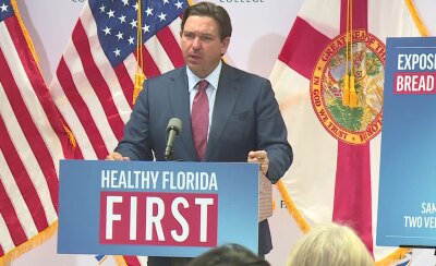 Gov. Ron DeSantis speaks at Palm Beach State College on Feb. 5, 2026.