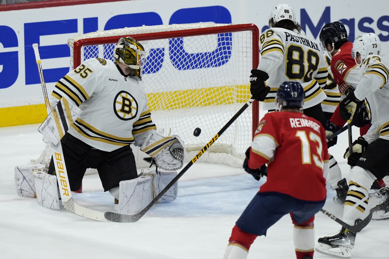 puck gets past Boston Bruins goaltender Linus Ullmark on goal scored by Florida Panthers defenseman Brandon Montour during third period, May 8, 2024