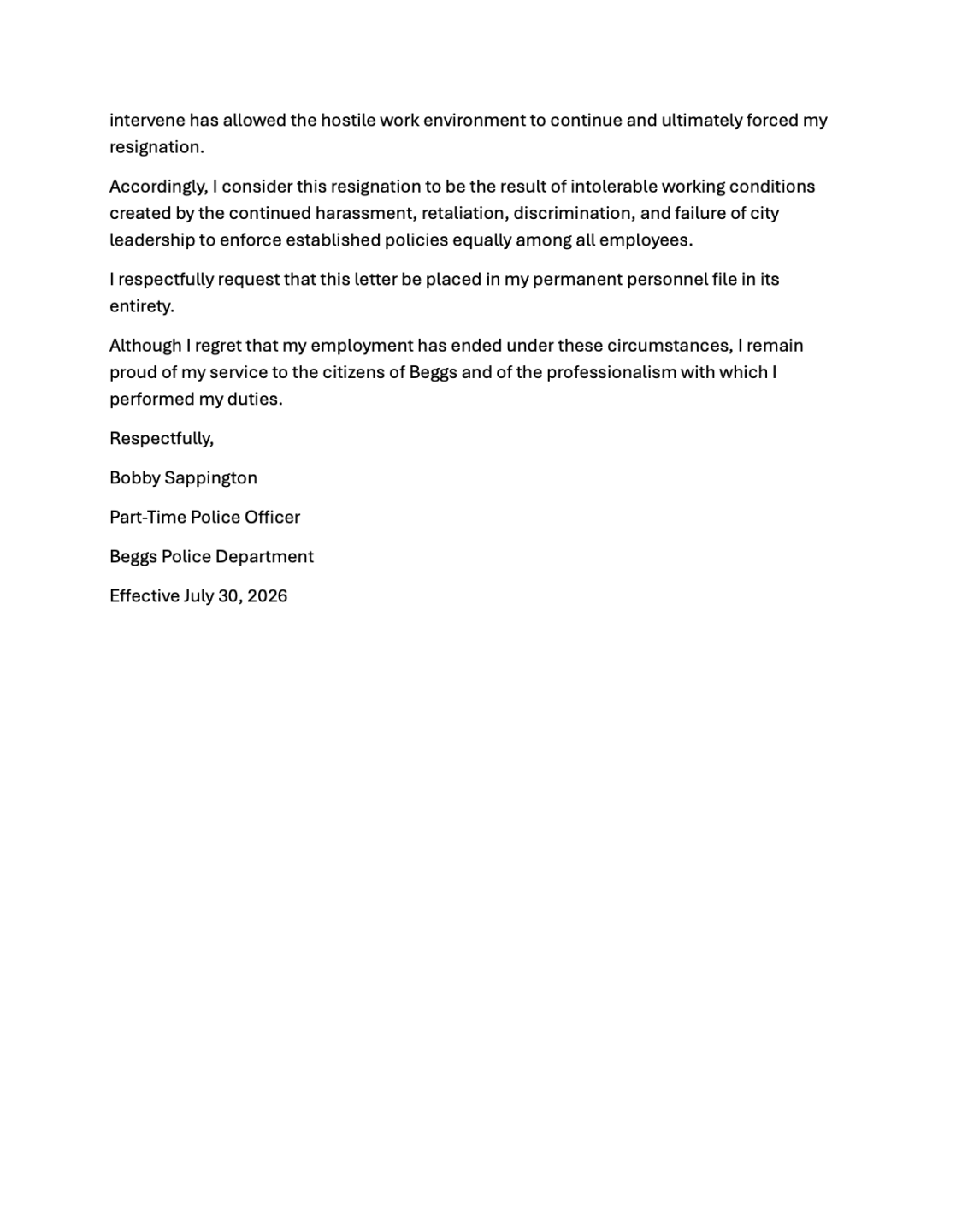 Sappington Resignation Beggs Police