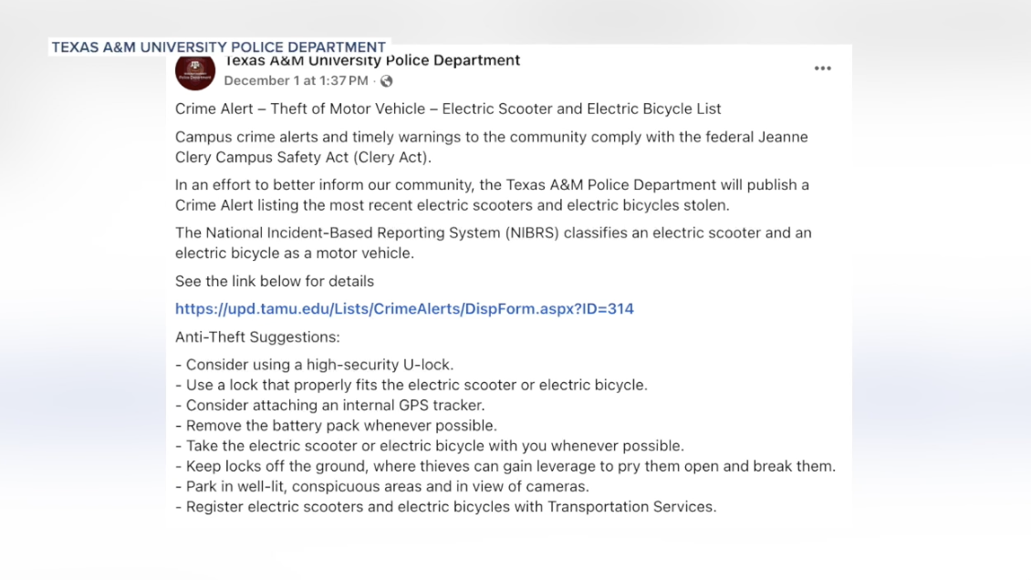 Spike in electric scooter thefts alarms Texas A&M students