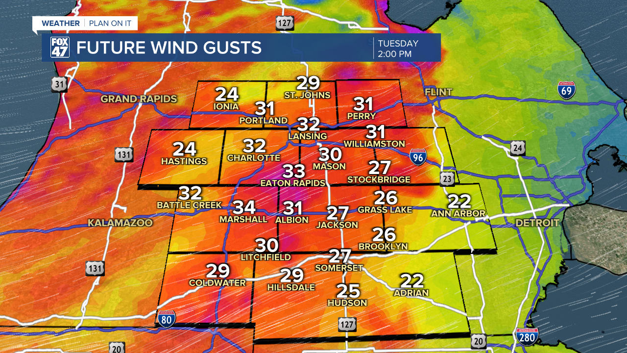 We could see wind gusts up to 40 mph Tuesday afternoon as showers and a possible storm advances through