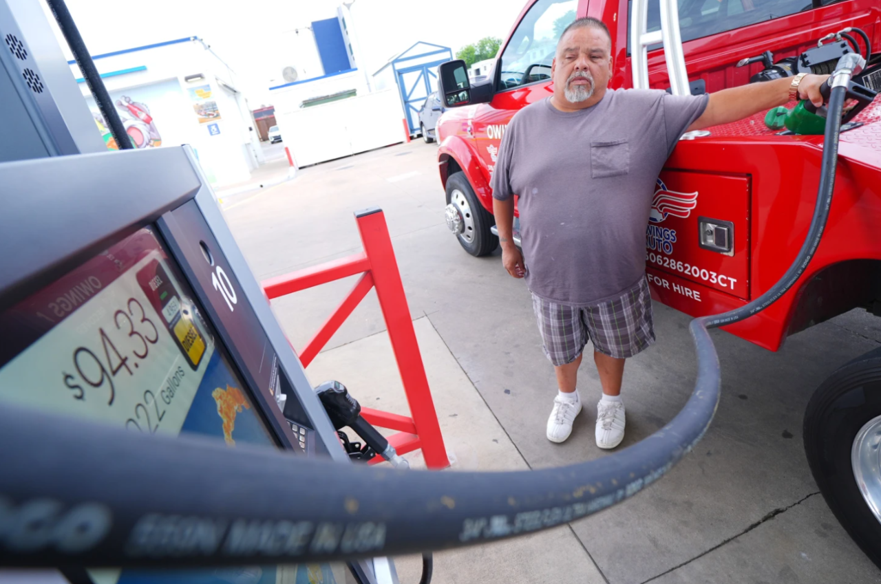 A ticker shows diesel gas charges as James Navarro fuels his tow truck Friday, May 15, 2026, in Arlington, Texas.