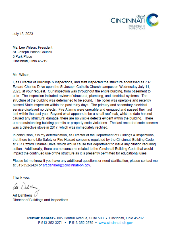 City of Cincinnati inspection summary on St. Joseph