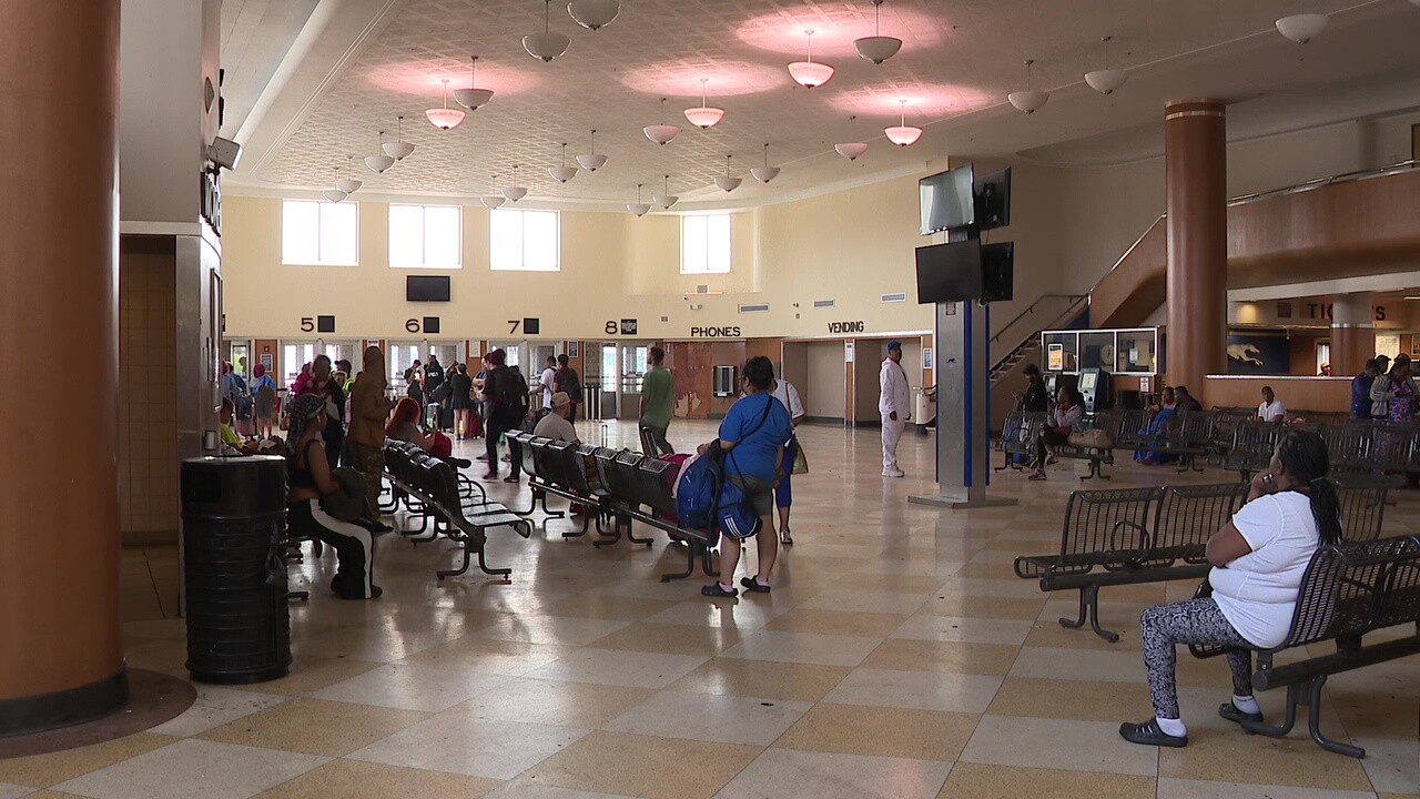 Passengers wait inside the Greyhound station in downtown Cleveland.