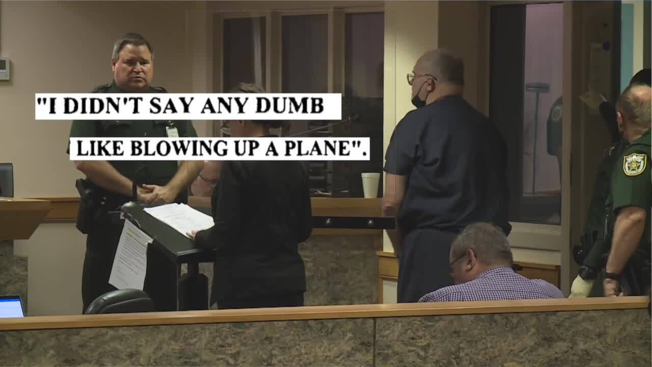 John Magee in court with text superimposed: 'I didn't say any dumb (expletive) like blowing up a plane.'