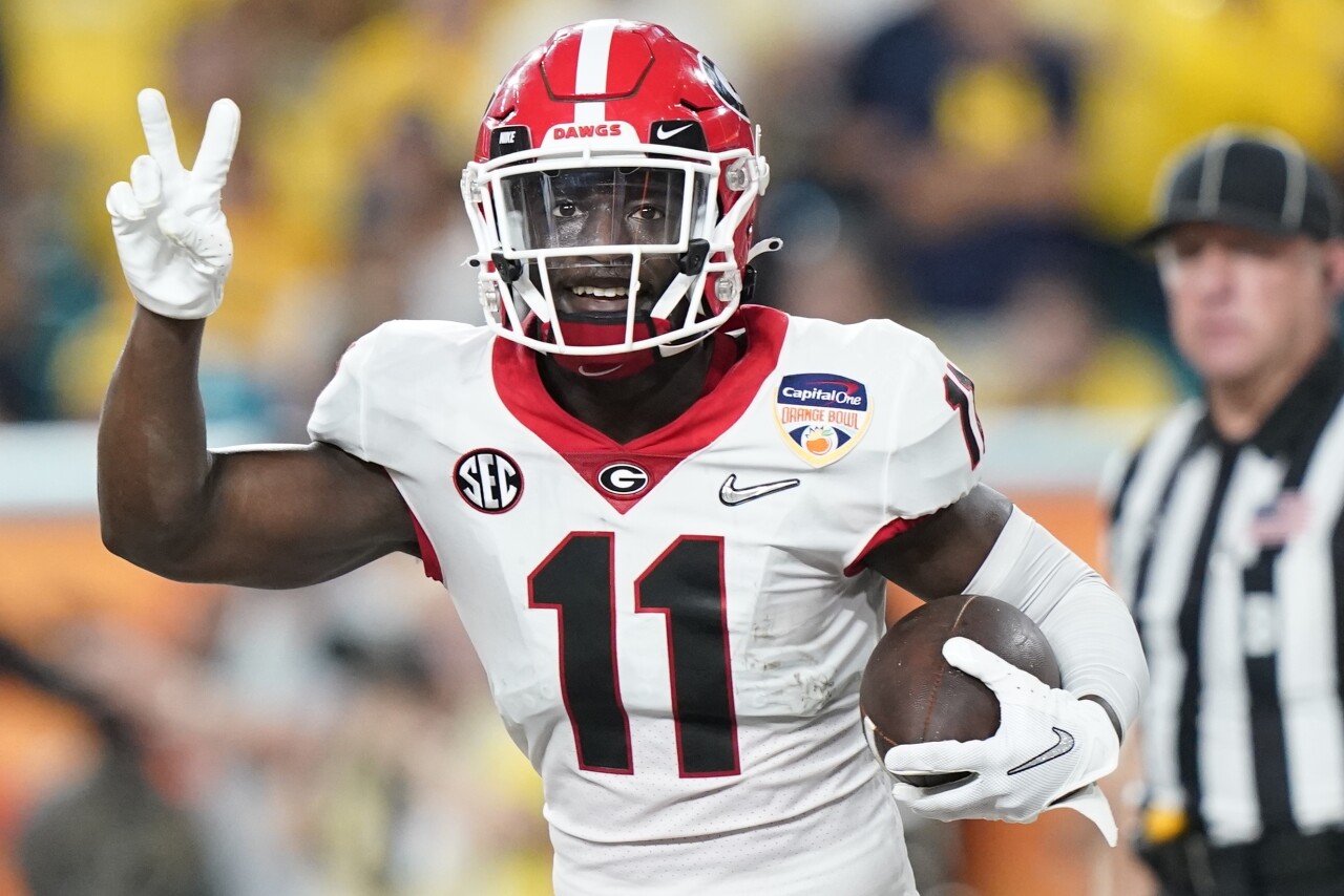 Georgia Bulldogs cornerback Derion Kendrick celebrates after second interception in College Football Playoff semifinal at Orange Bowl