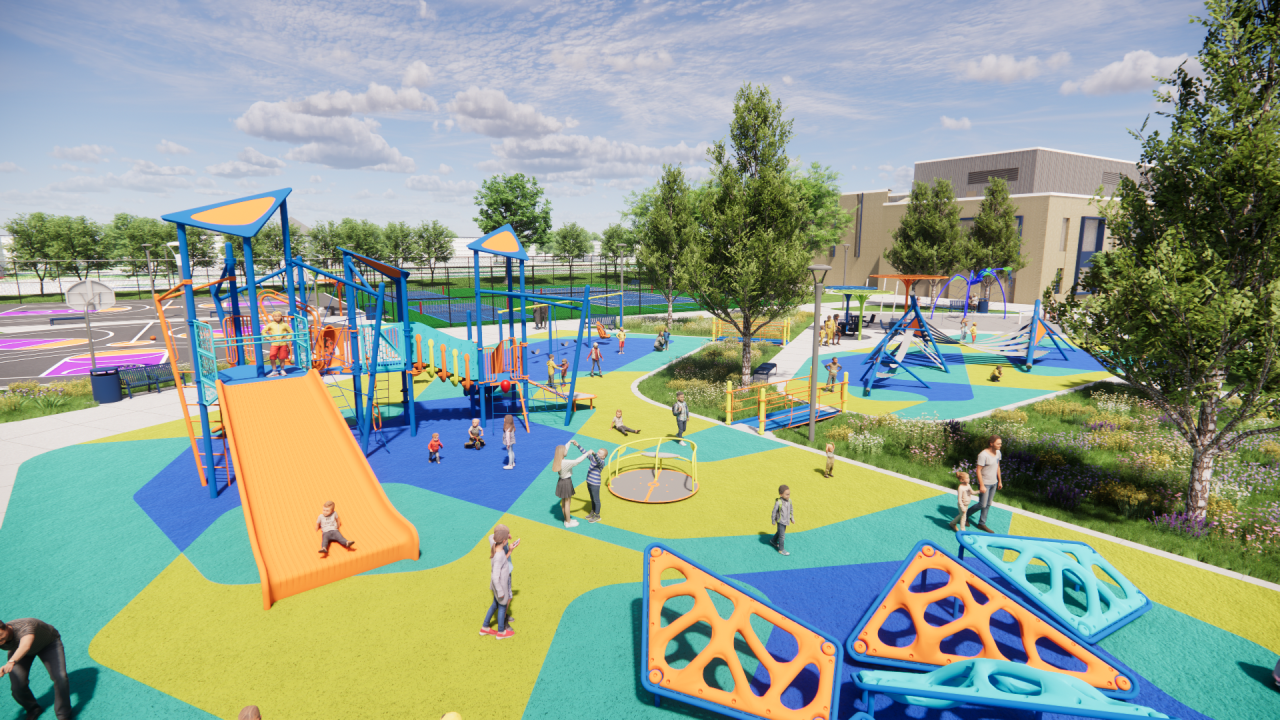 The full-service community hub featured a gym, indoor pool, fitness rooms, elevated walking track, pickleball, basketball and tennis courts, a splash pad and green space.
