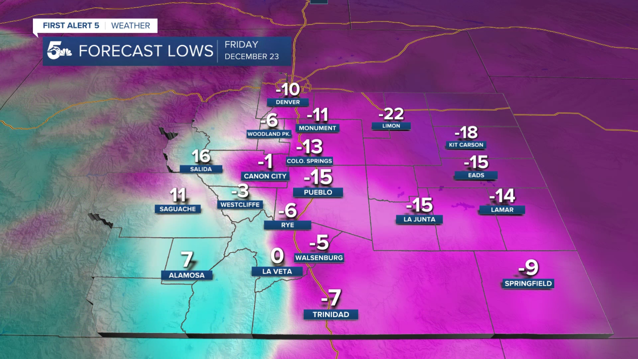 Forecast lows for Friday, December 23, 2022