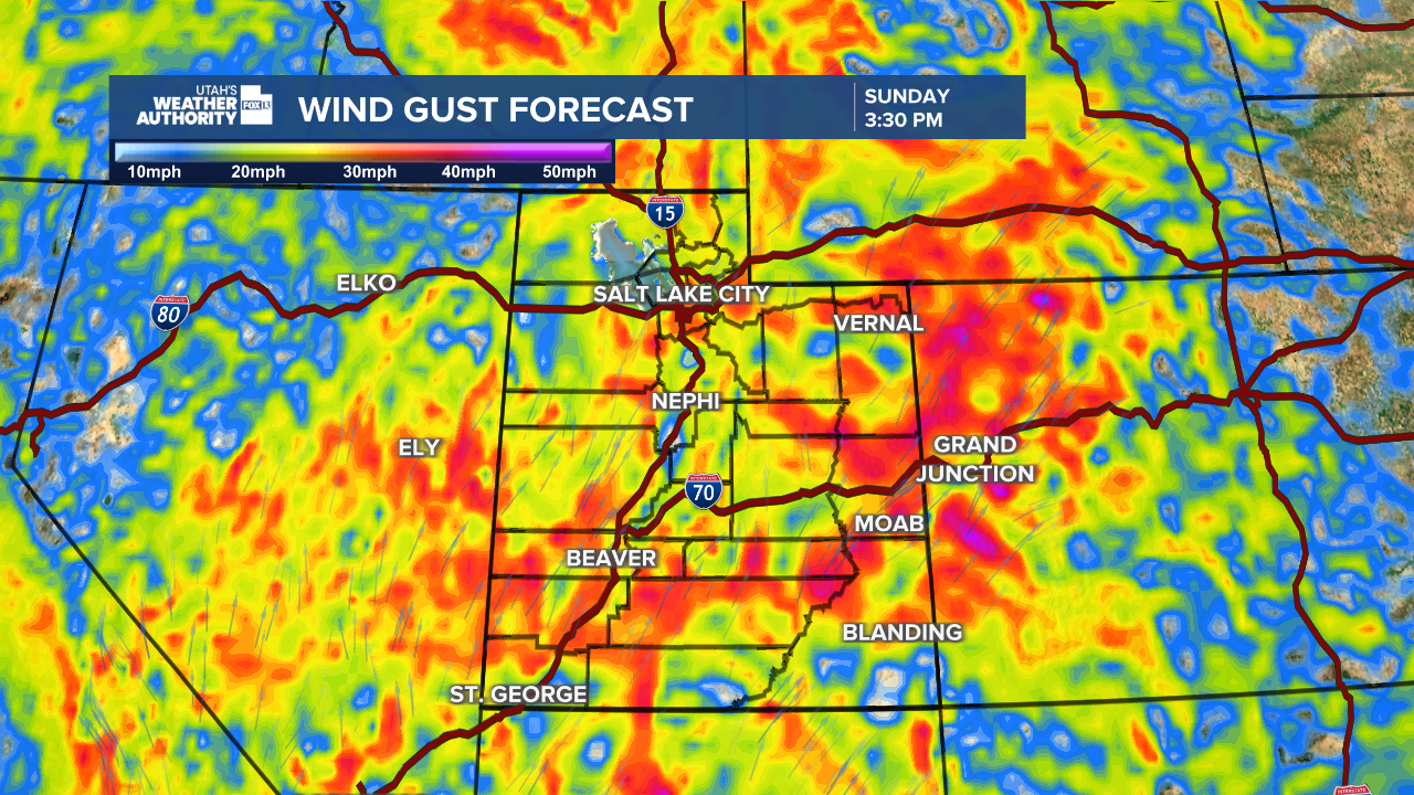 Graphics from the FOX 13 Weather Center showing where wind gusts are expected to blow. Patches of red run across the state, showing some areas expected to have winds over 30 miles per hour.