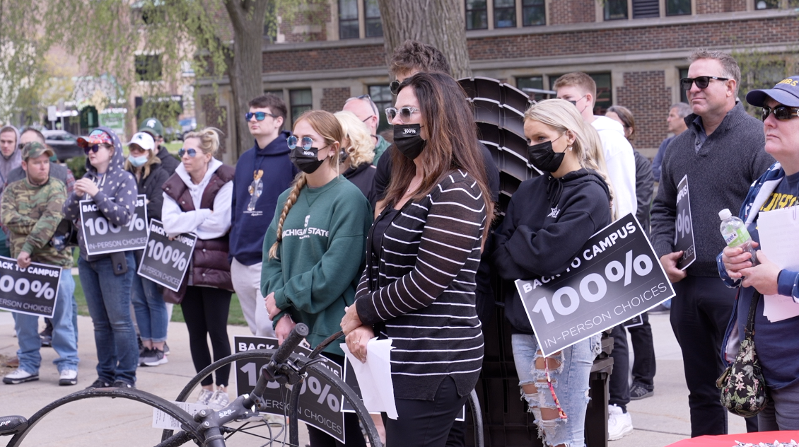 Students and parents gathered on MSU's campus to rally for 100 percent in-person classes in the fall