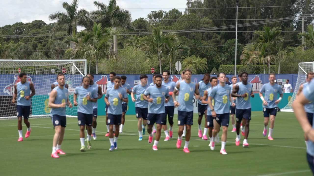 Members of the England national football club practice during a training session in Palm Beach Gardens, Fla., Tuesday, June 2, 2026, ahead of the World Cup soccer tournament.