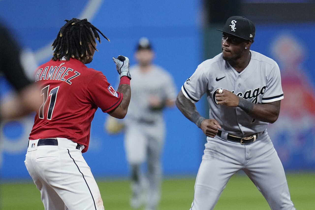 Cleveland Guardians third baseman Jose Ramirez and Chicago White Sox shorstop Tim Anderson prepare to fight, Aug. 5, 2023