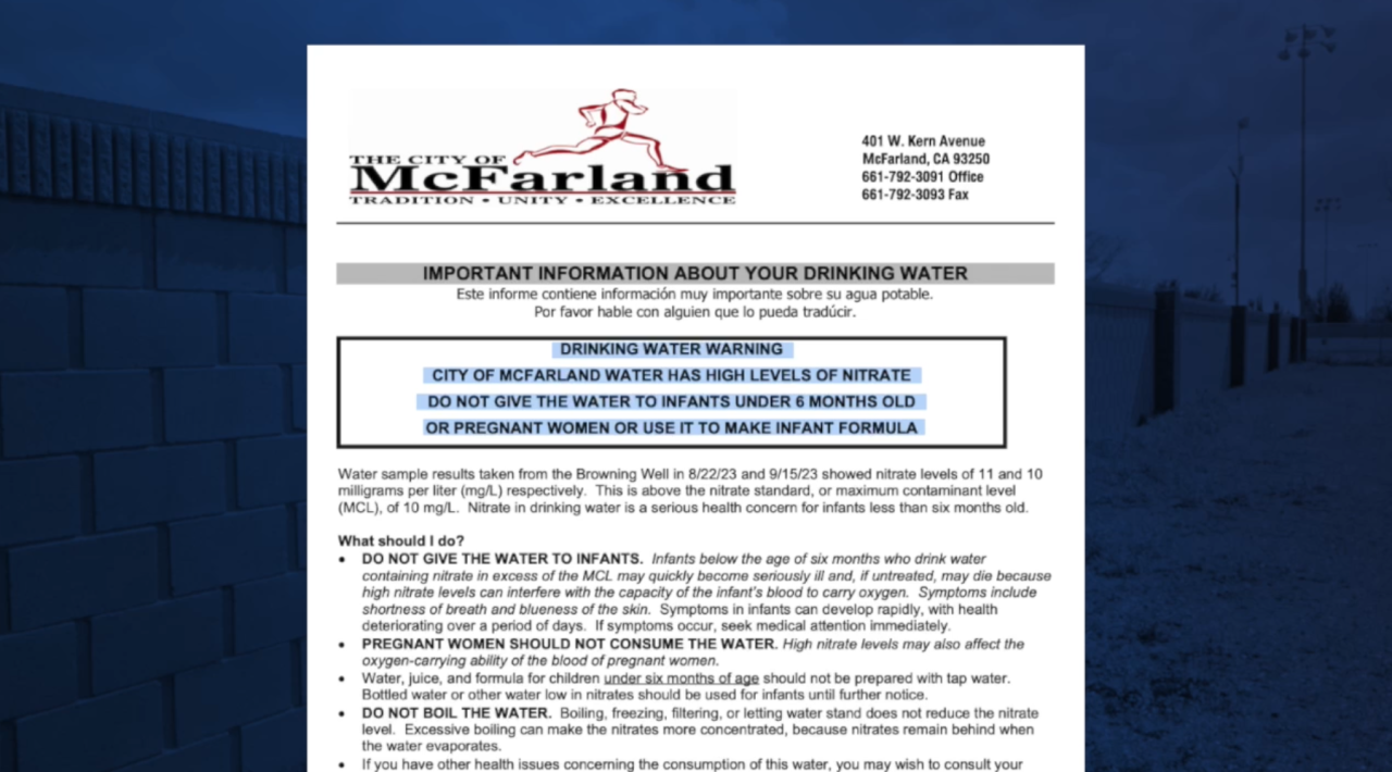 Notice on drinking water saying there are high levels of nitrate