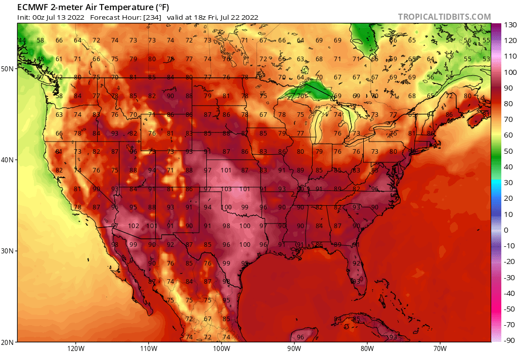 European Model Temperature Forecast Valid 1 PM Friday July 22