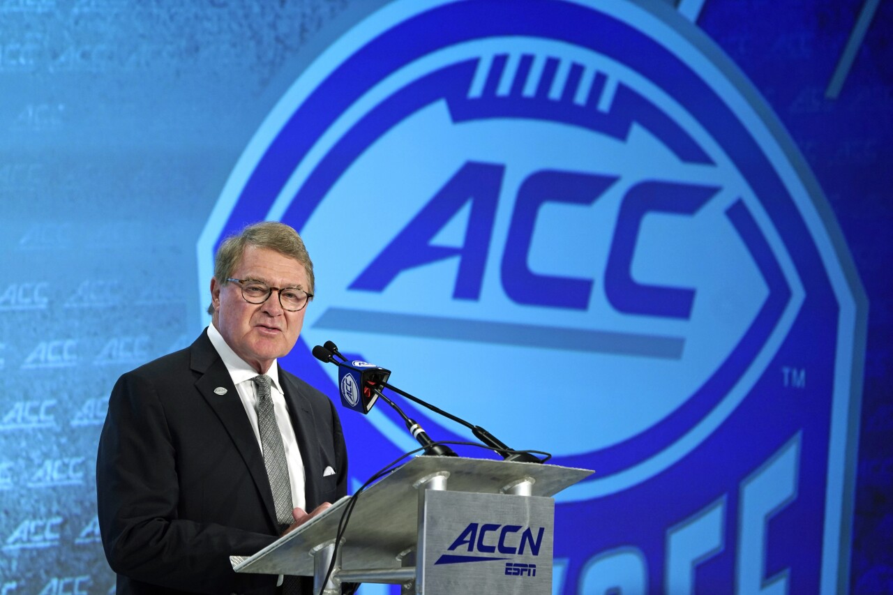 ACC Commissioner John Swofford speaks during football media day in 2019