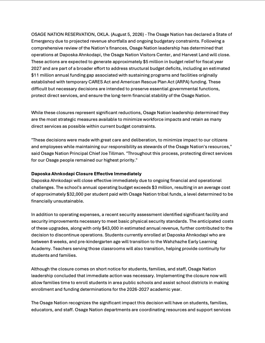 Osage Nation Statement