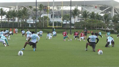 The Miami Dolphins hold a practice on Nov. 24, 2025, in Miami Gardens, Florida.