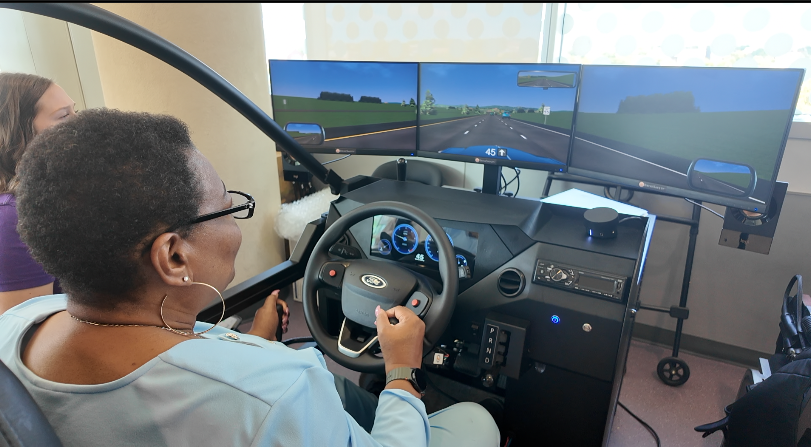 Jean taking on the highway on the simulator