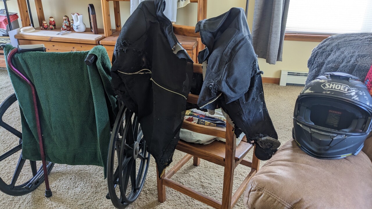 The motorcycle jacket and helmet Chris Desborough was wearing the day of his crash on Hwy 89.