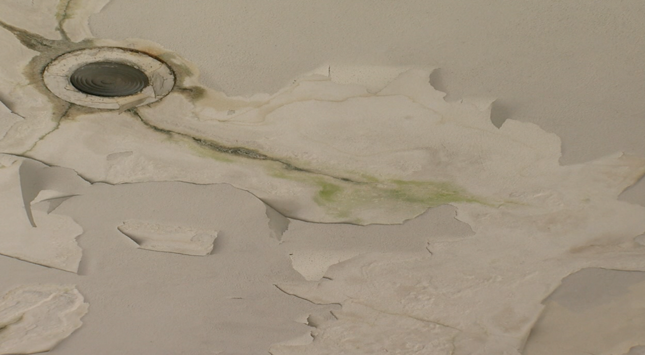 Cracked ceiling of outside overhang of Terrace Plaza.