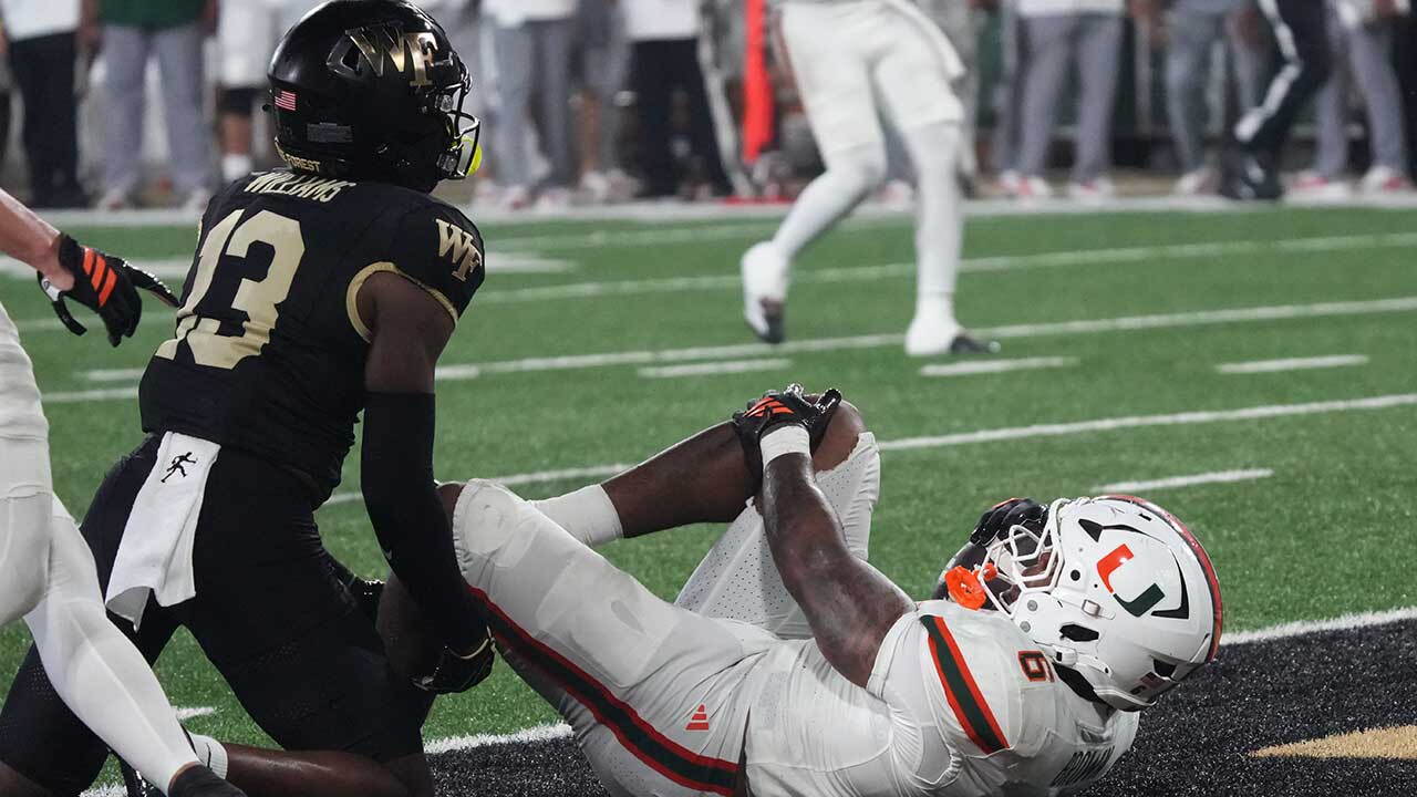 Miami running back Charmar Brown, right, is injured after being tackled short of the goal line by Wake Forest defensive back Ashaad Williams (13) defends during the first half of an NCAA college football game in Winston-Salem, N.C., Friday, Sept. 18, 2026.