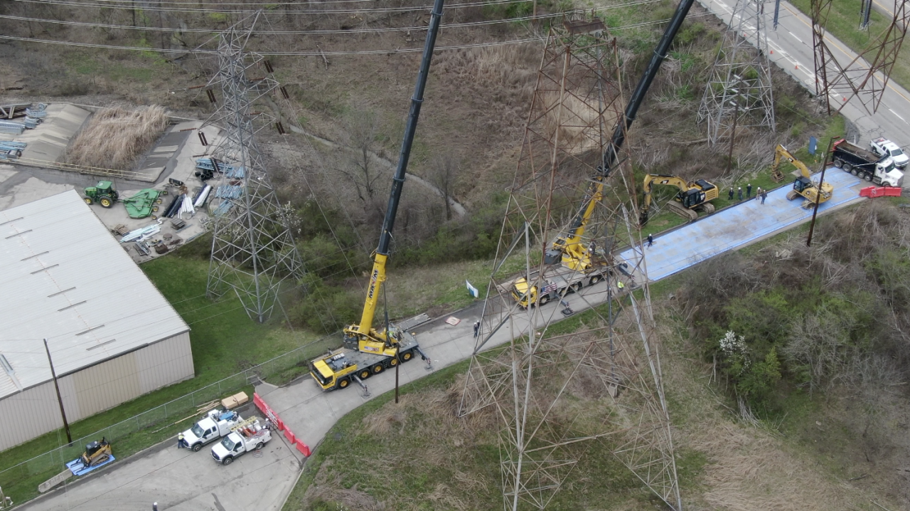 Duke Energy is removing a 240-foot transmission tower from the former Beckjord coal plant site near New Richmond.