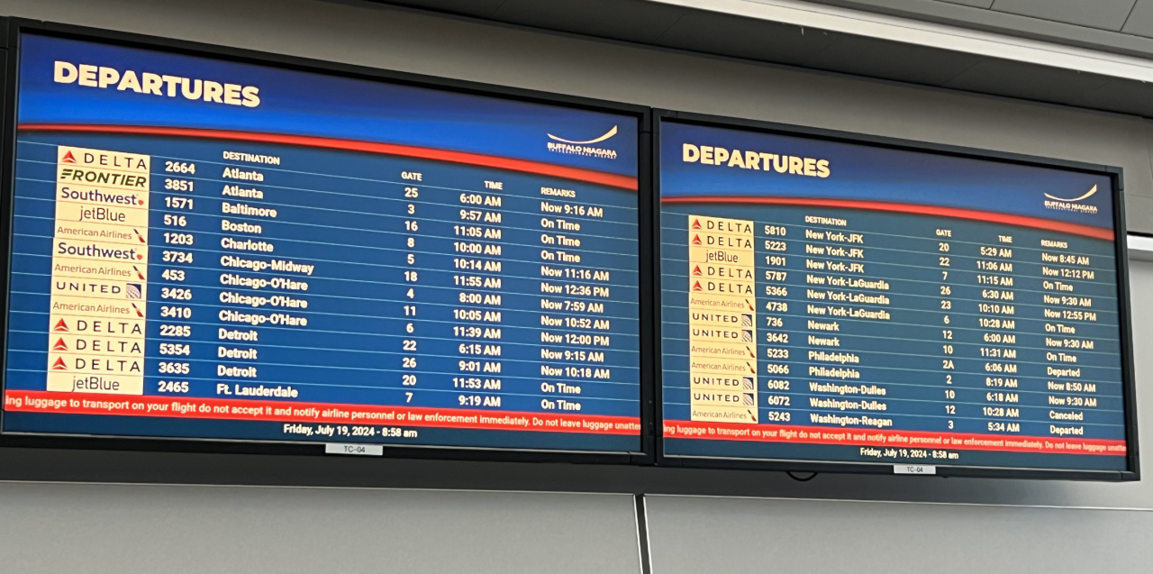 Flight departure screen Friday morning at Buffalo Niagara International Airport
