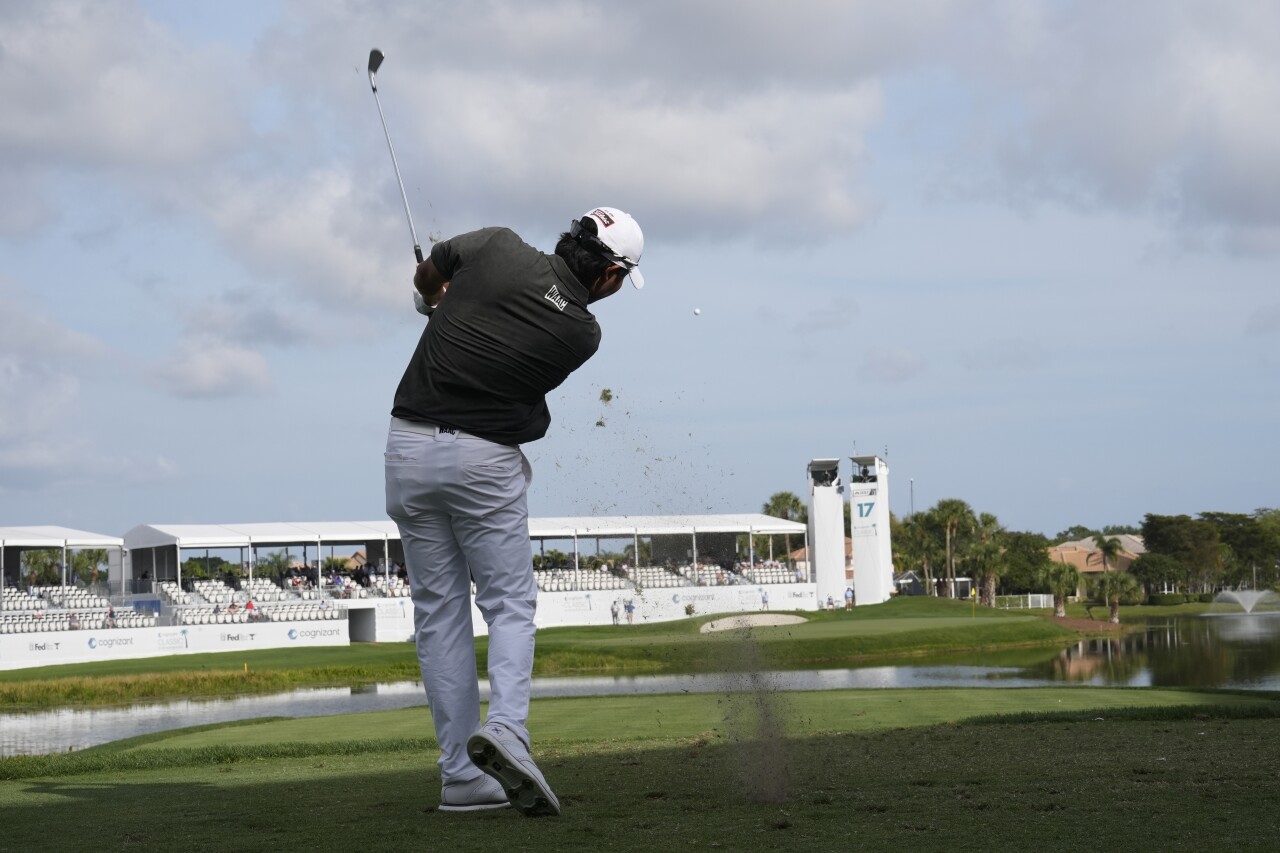 S.H. Kim hits from 17th tee during the first round of Cognizant Classic in the Palm Beaches, Feb. 29, 2024