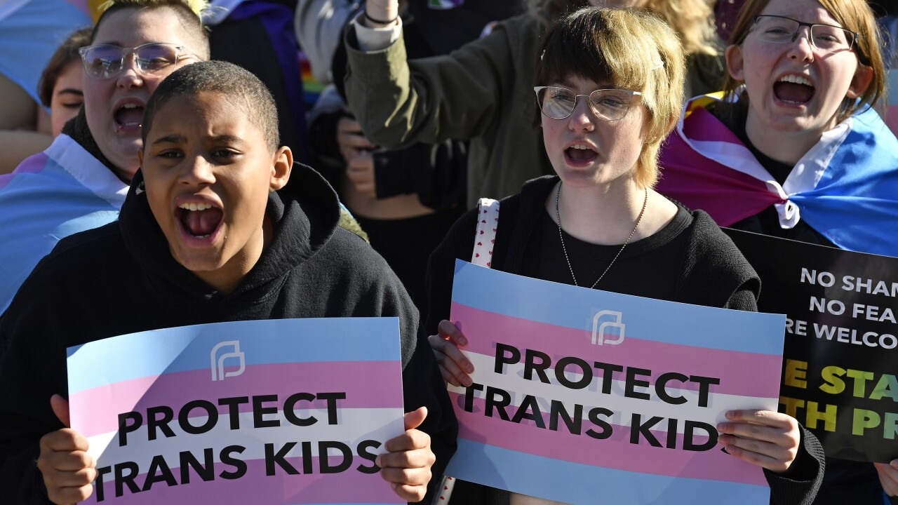 Protesters of Kentucky Senate bill SB150, known as the Transgender Health Bill, cheer on speakers during a rally on the lawn