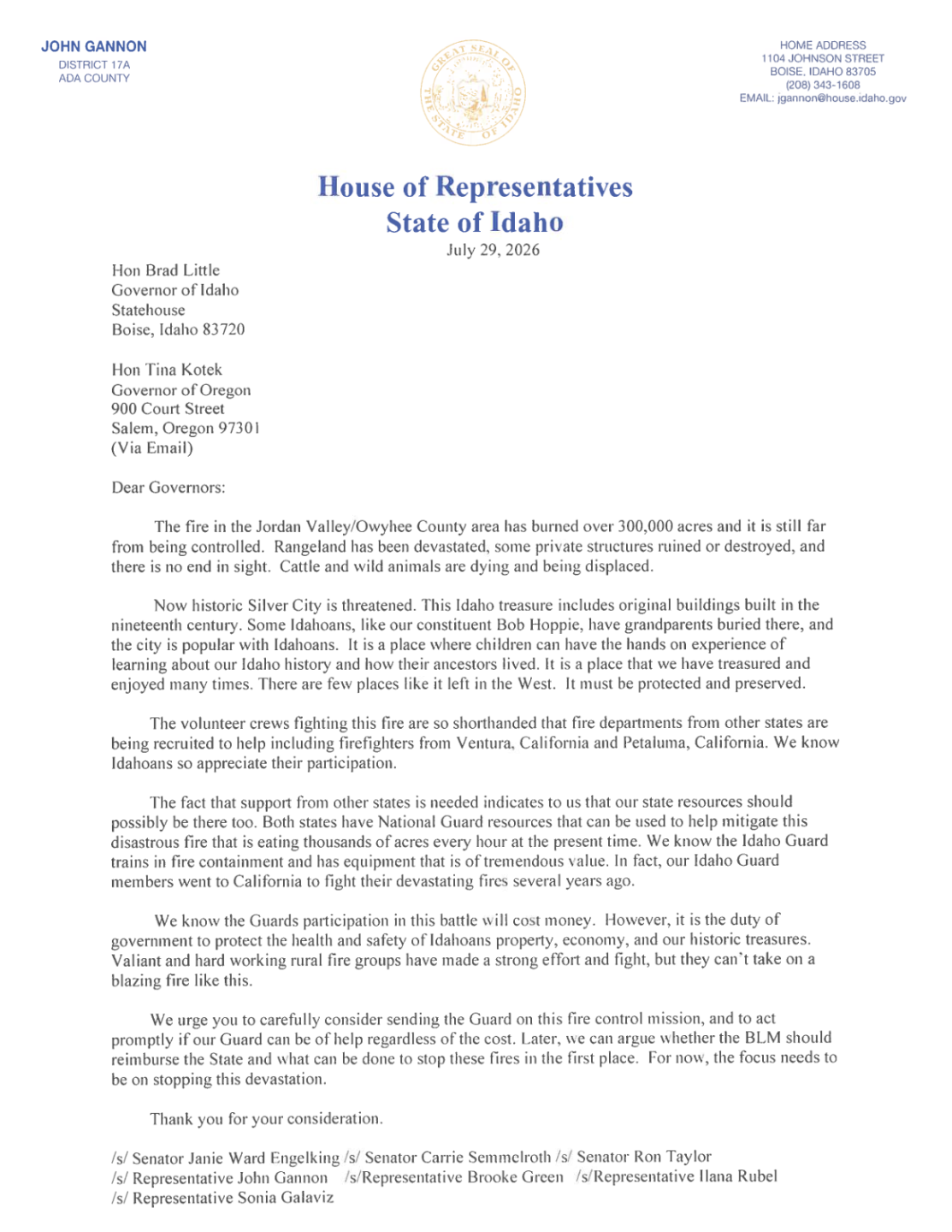 disaster emergency letter from lawmakers