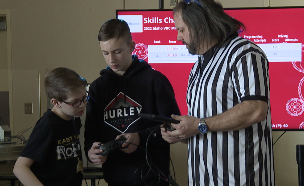 Landon Hammer, center, collaborates with a team mate during the skills competition on Friday. 