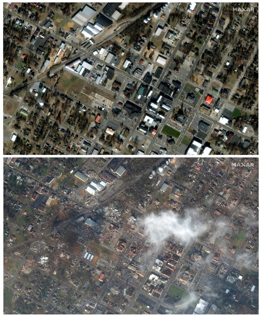 Mayfield, Ky., on Jan. 28, 2017, top, and below on Saturday, Dec. 11, 2021