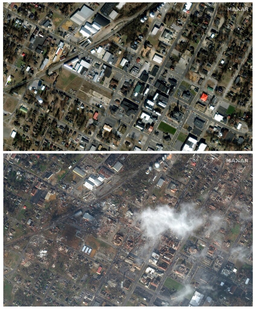 Mayfield, Ky., on Jan. 28, 2017,  top, and below on Saturday, Dec. 11, 2021