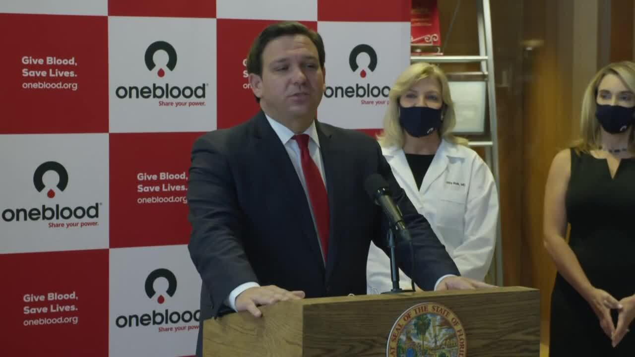 Gov. Ron DeSantis at OneBlood headquarters, July 20, 2020